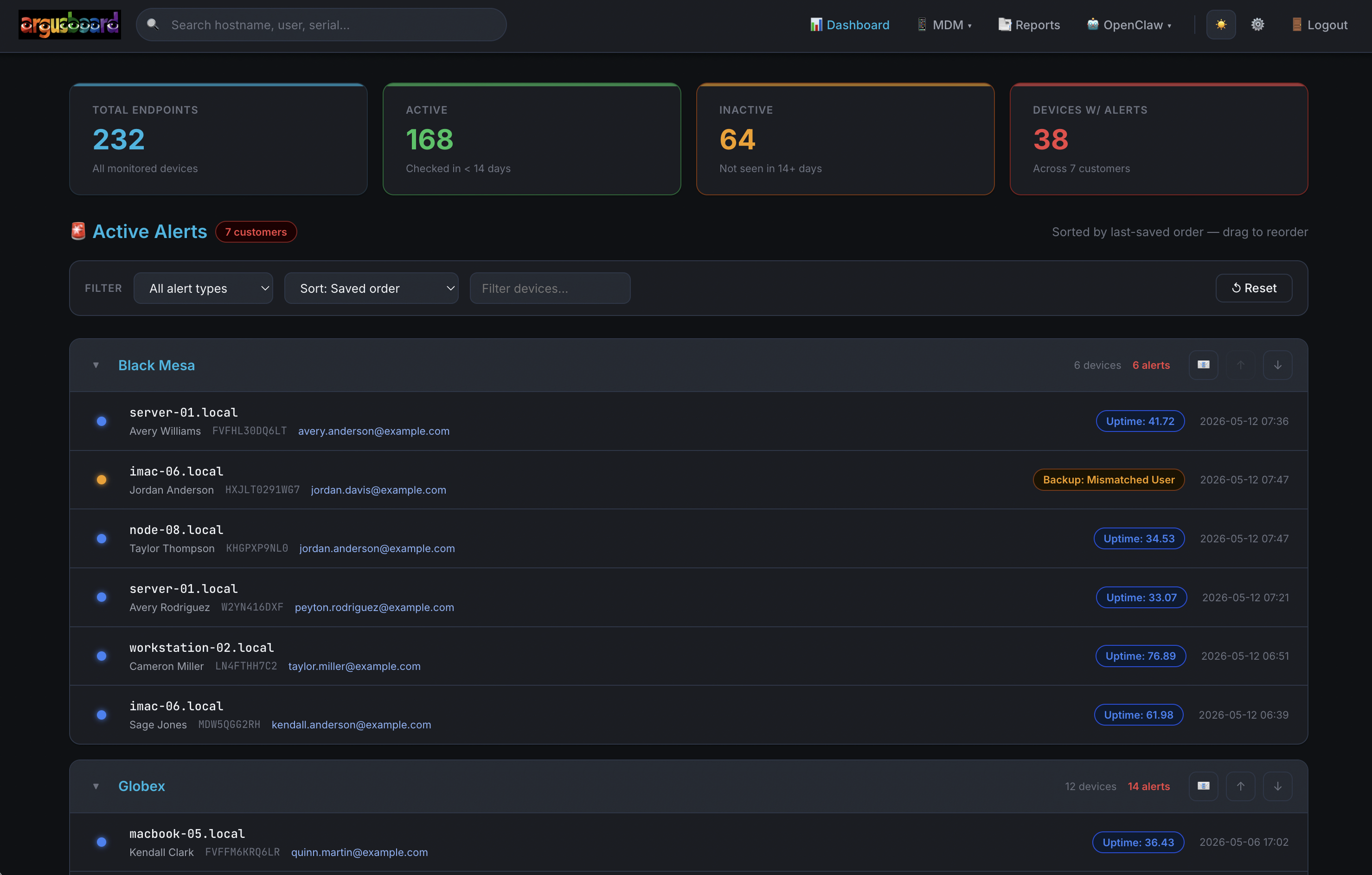 ArgusBoard dashboard interface for Apple device operations